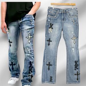 Ninth Hall Signal Crosses Light Blue Flared Jeans Men’s Distressed Denim W34 L35